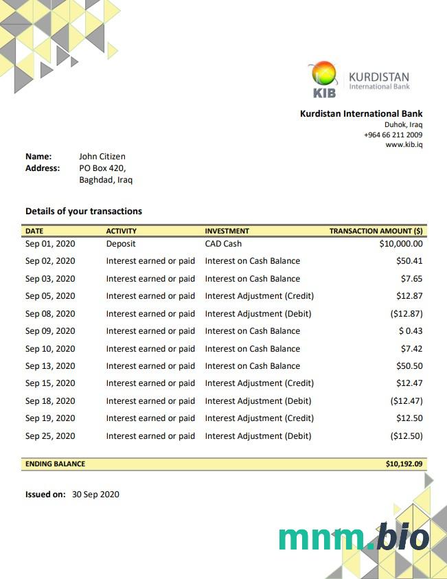 Irak Kurdystan International Bank proof of address statement template in Excel and PDF format